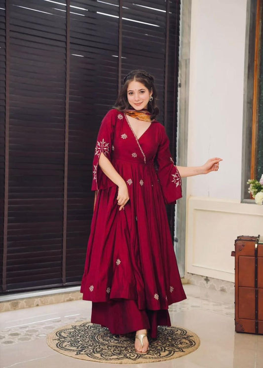 Pure Chinnon With Embroidery Gown Set