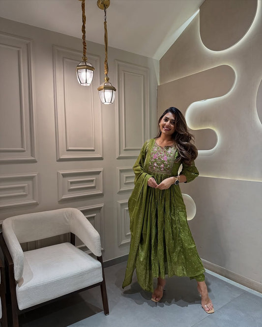 Embroidered Printed Anarkali Cotton Kurti Set