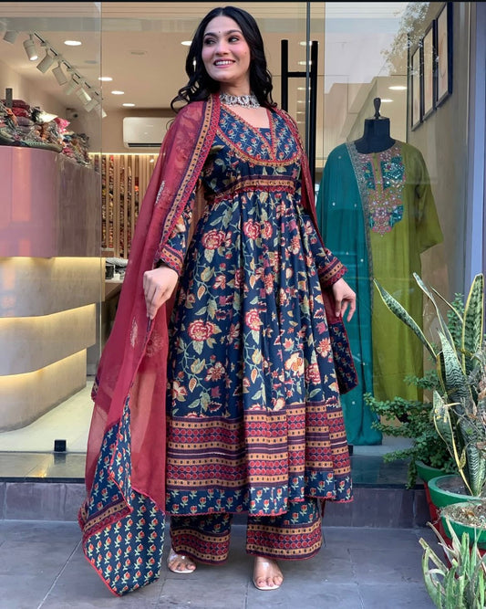 Katha Printed Anarkali Cotton Kurti Set