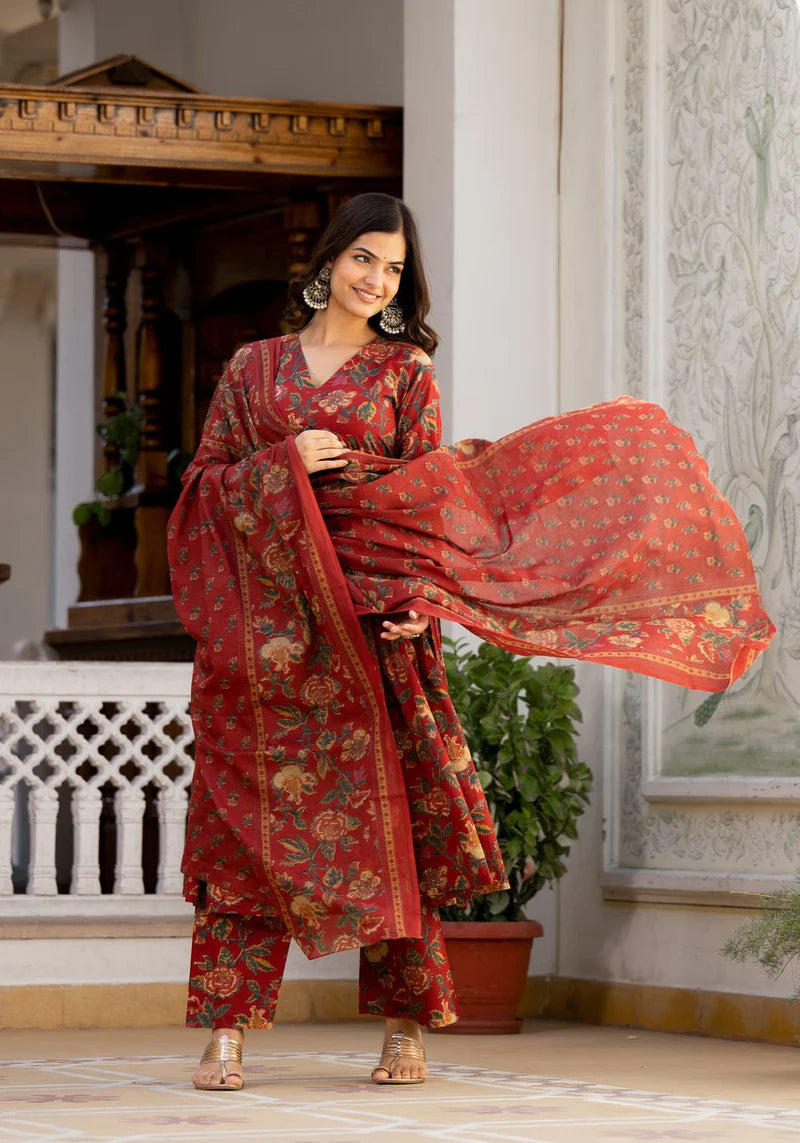 Maroon Floral Print Anarkali Suit