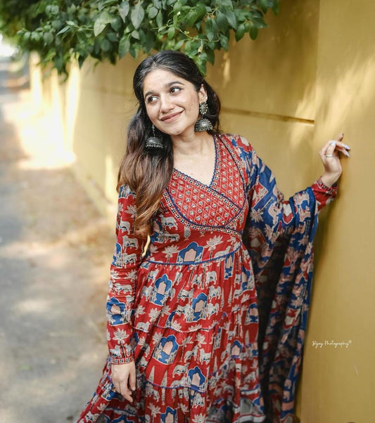 Red Abstract Print Cotton Anarkali Kurta Set