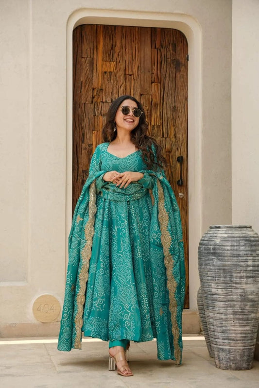 Pure Cotton Bandhani Kurti with Embroidery Work on Dupatta