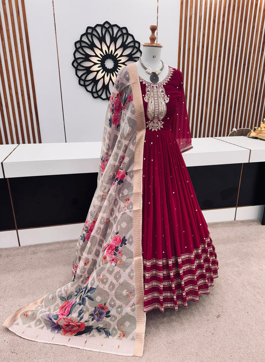 Heavy Embroidery Sequence Work Gown with Silk Dupatta