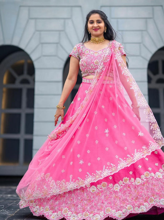 Pink Chinon Heavy Embroidery work Lehenga with Choli & Dupatta