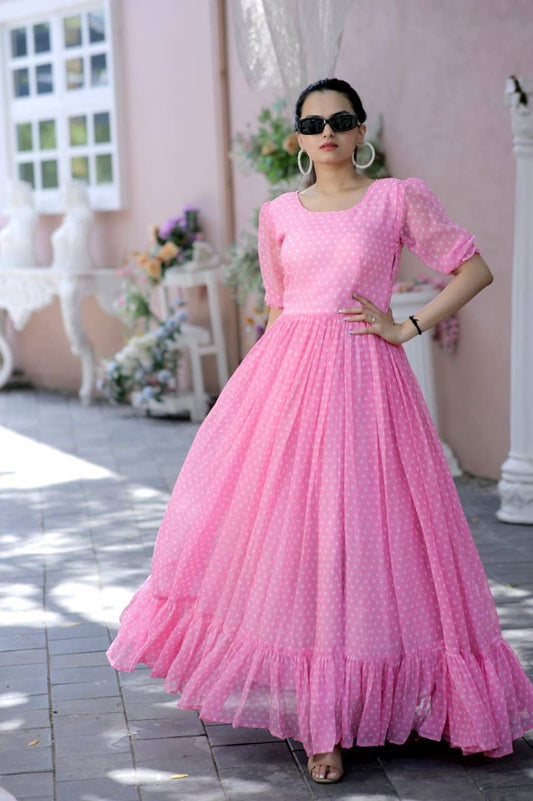 Premium Pink Faux Georgette Dot Print Designer Gown