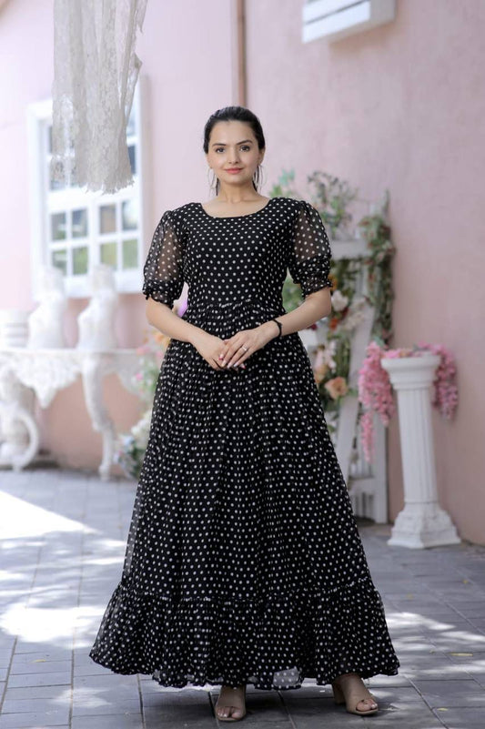 Black Faux Georgette Dot Print Designer Gown