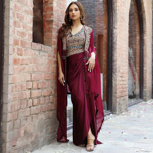 Sanyukti - Red Organza silk Choli with shrug and Dhoti