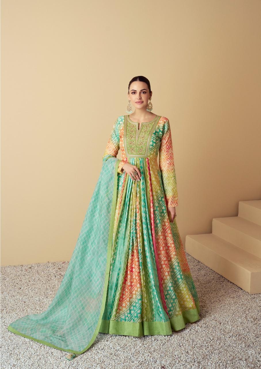 Green Digital Print Vaari Gown by Gulkayra