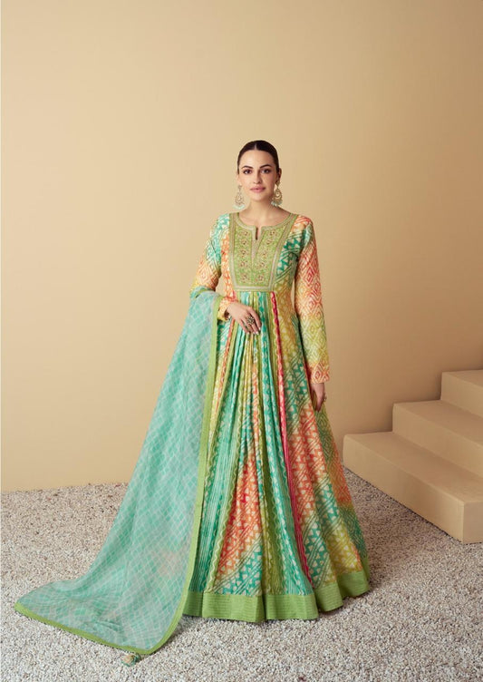 Green Digital Print Vaari Gown by Gulkayra