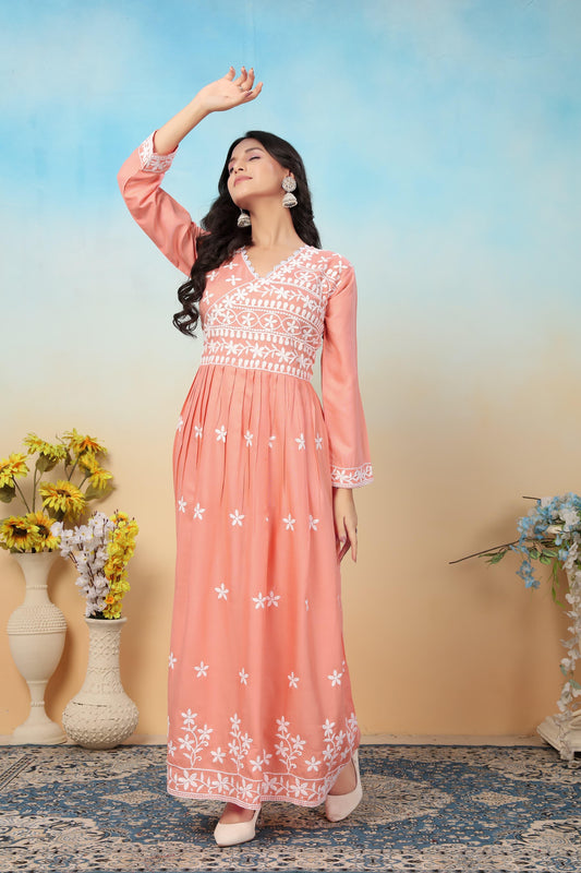 Peach Colored Chikankari Kurti with Pant