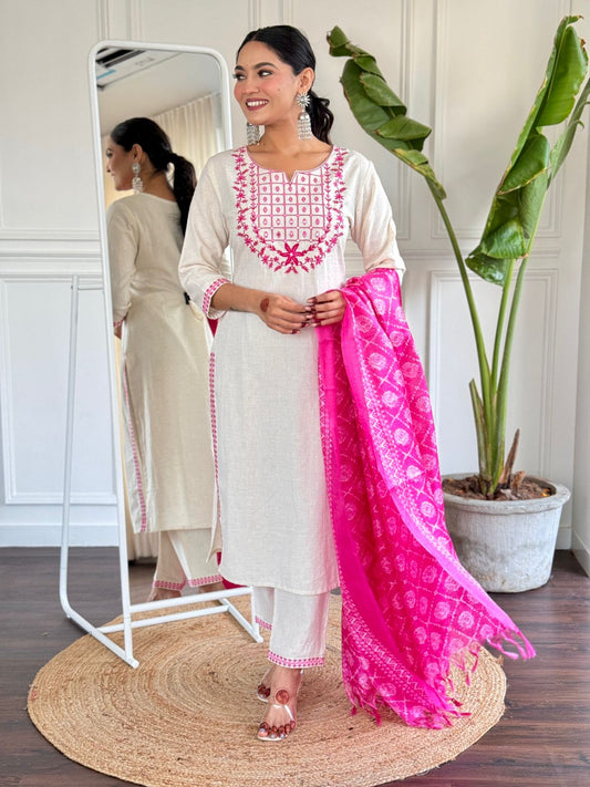 Pink Cotton Flex Kurta Set with Khadi Silk Dupatta