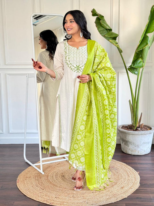 Green Cotton Flex Kurta Set with Khadi Silk Dupatta