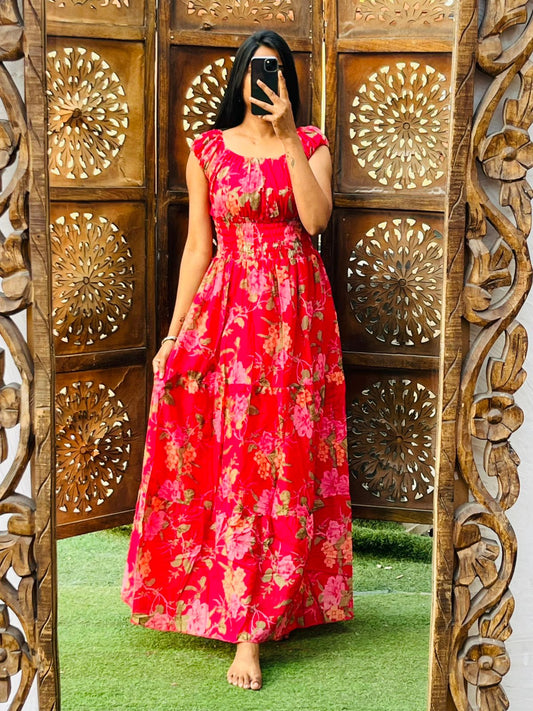 Floral Long Dress with Elastic on waist( Available in 2 colors)