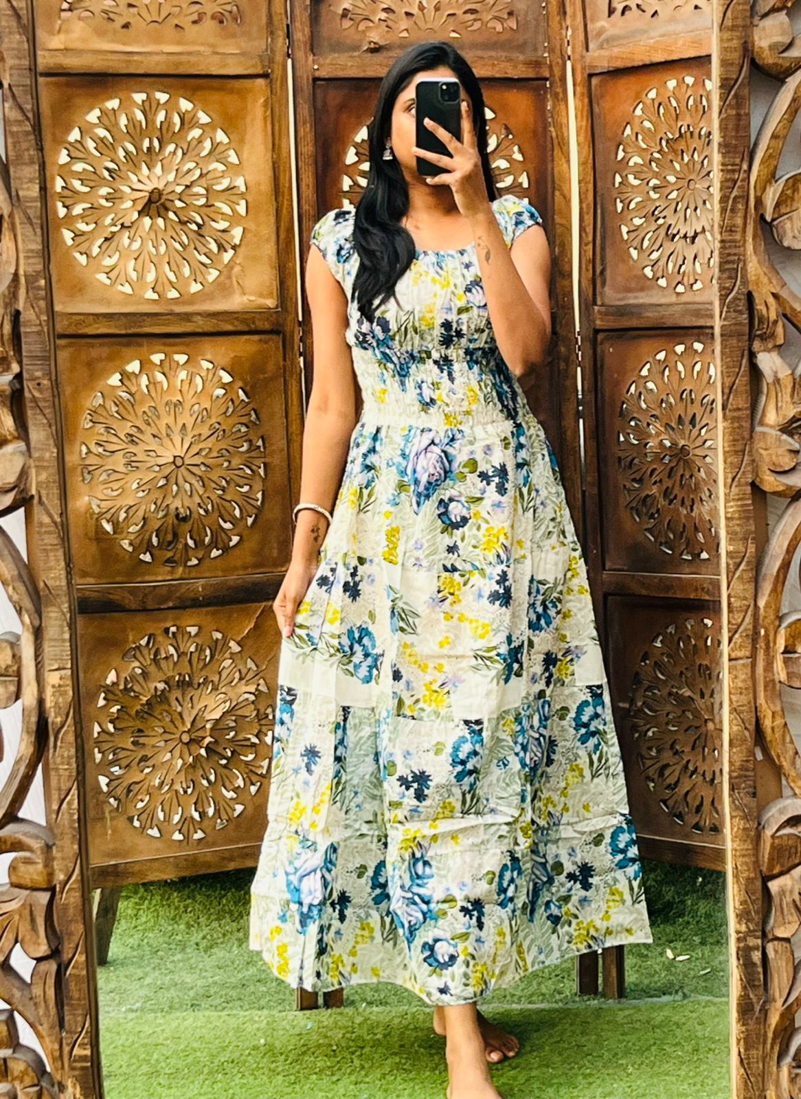 Off White Floral Print Slub Cotton Dress