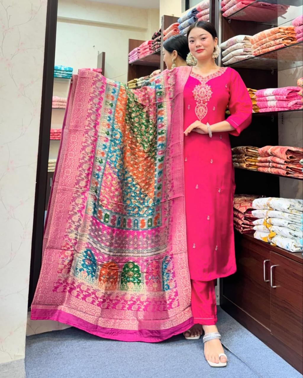 Beautiful Pink Diamond Silk Embroidery Suit Set