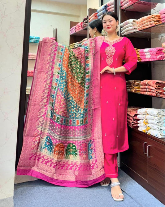 Beautiful Pink Diamond Silk Embroidery Suit Set