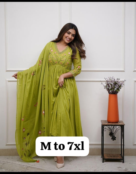 Lemon Green Cotton Anarkali Set with Embroidery