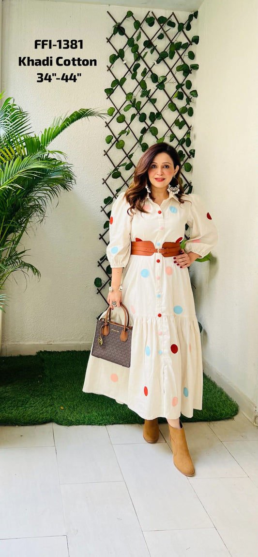 White Handblock Printed Khadi Cotton Dress