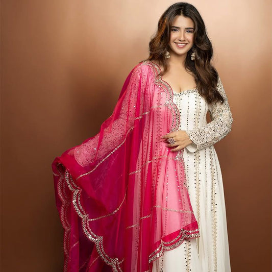 Shivali- Off White Sequence Embroidered Heavy Georgette Gown with Plazzo & Dupatta