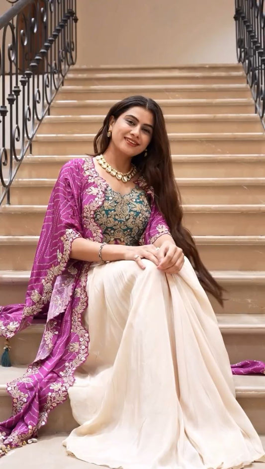Beige Draped Skirt with Green Embroidered Tube Blouse with Pink Chinon Shrug