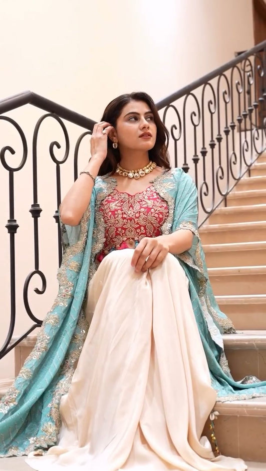 Red Embroidered Tube Blouse with Draped Skirt and Sky Blue Embroidered Shrug