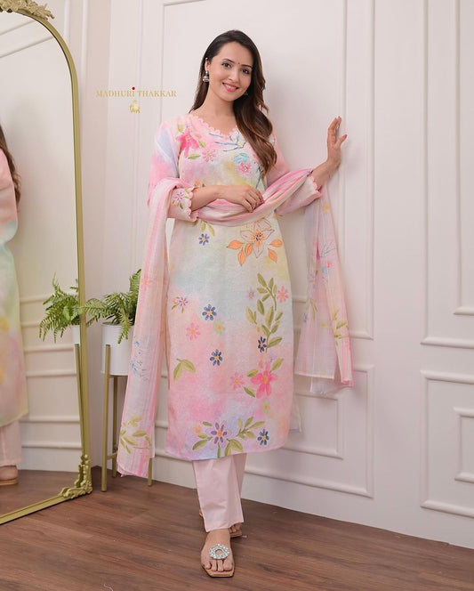 Mesmerizing Schiffli Linen Cotton Suit
