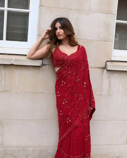 Red Love Georgette Saree with Real Mirror work