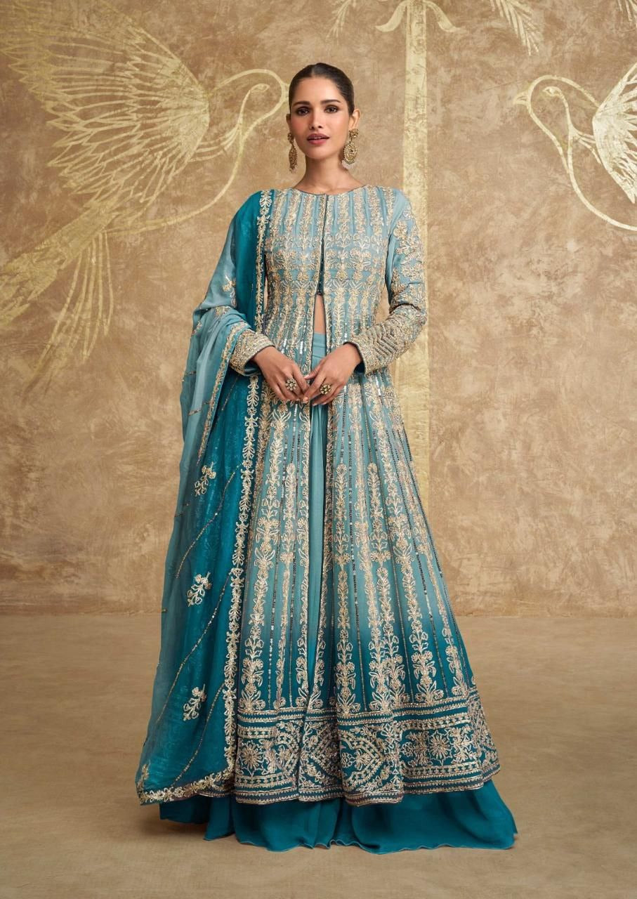 Teal Colored Premium Embroidered Georgette Set
