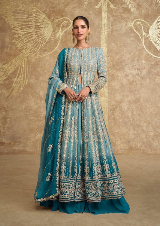 Teal Colored Premium Embroidered Georgette Set