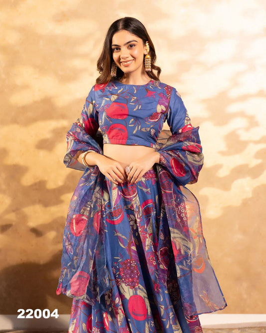 Blue Heavy Airtex Chinon Silk Lehanga Set
