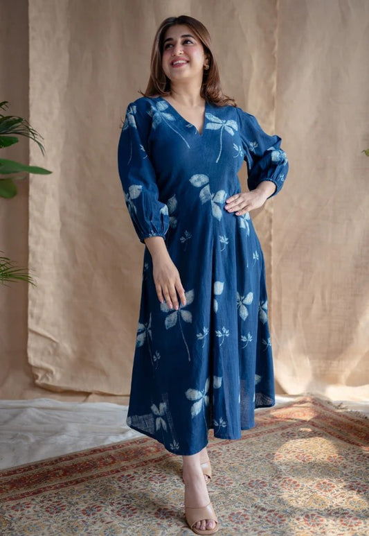 Blue Cotton Midis with Puffed Sleeves