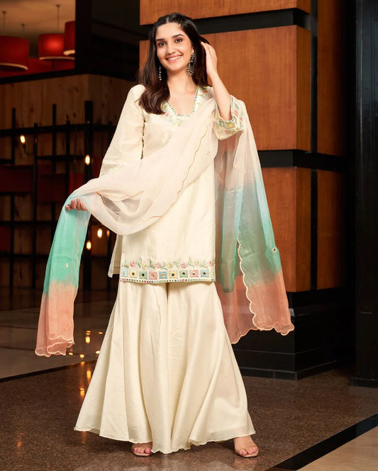 Beautiful Banana Cotton Sahara Set with Double shade Dupatta