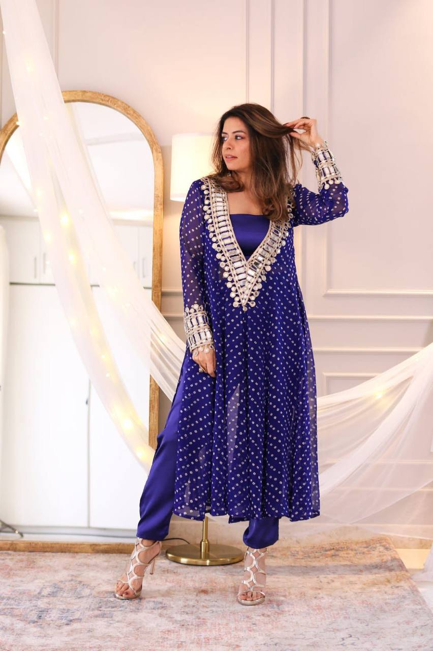 Chinon Kurta Set with Mirror work & Tube blouse