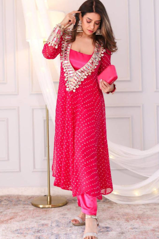 Chinon Kurta Set with Mirror work & Tube blouse