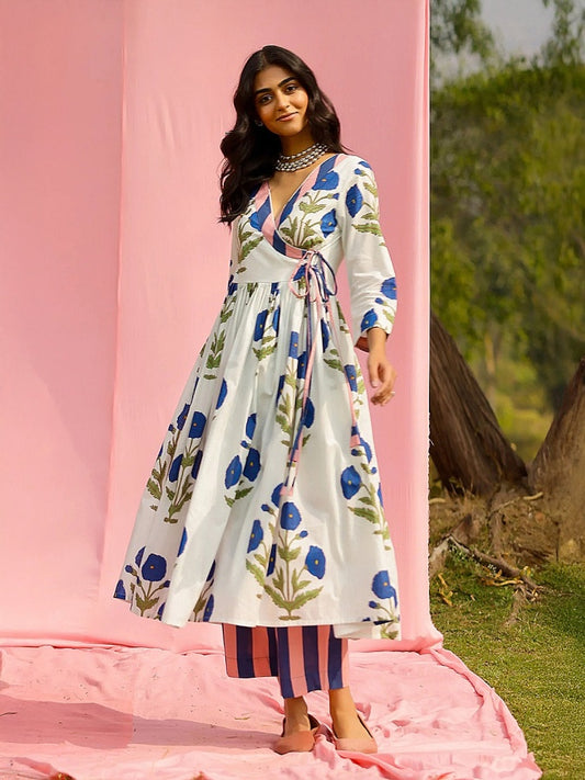 Phagun Blue Poppy Angrakha Kurta Pant Set