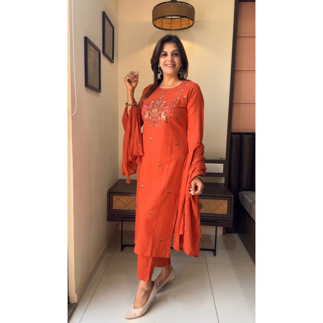 Summer-Perfect Cotton Chikankari Set โ Orange Elegance