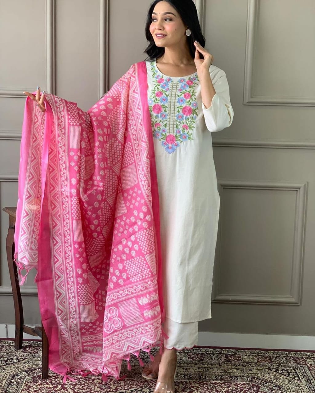 Handloom Khadi Cotton Embroidery Suit with Khadi Silk Dupatta
