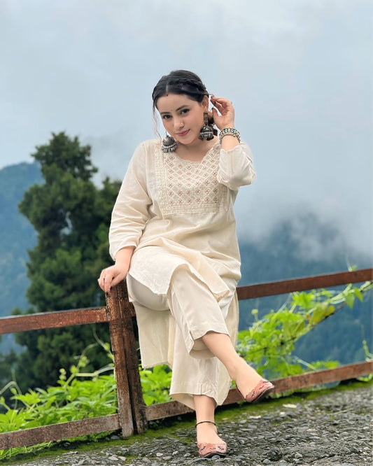 Beautiful Embroidered Khadi Cotton Kurta Set