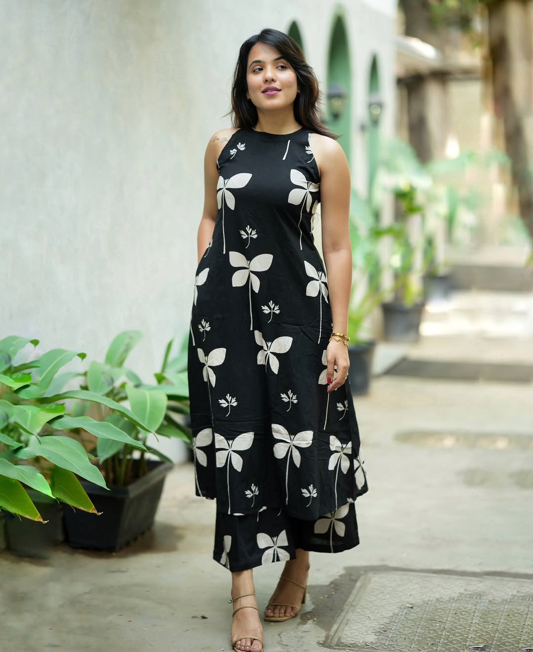 Black Halter Neck Printed Cotton Kurta with Palazzo Set