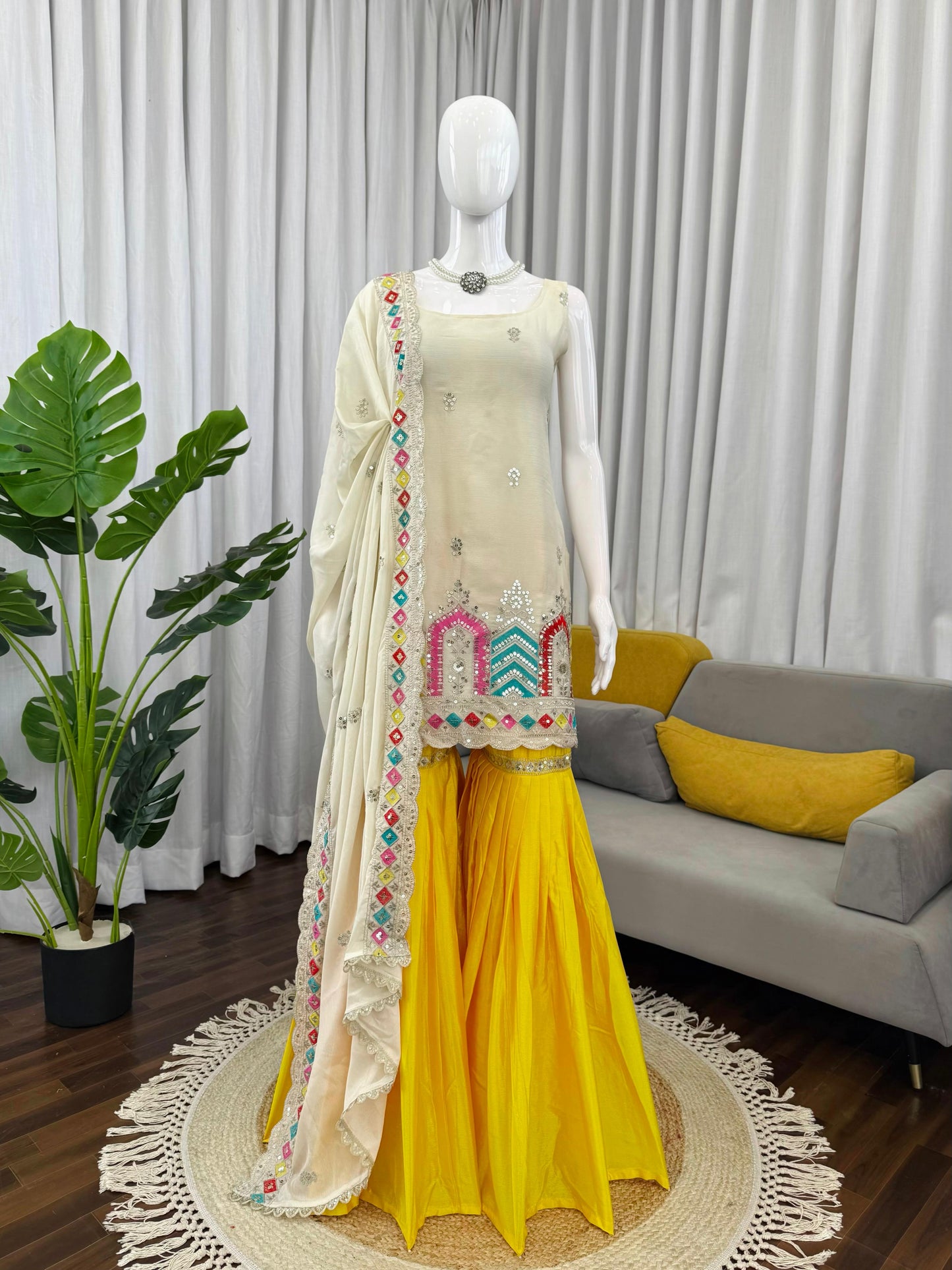 Designer Chinnon Silk Sharara Set with Thread & Sequence Work