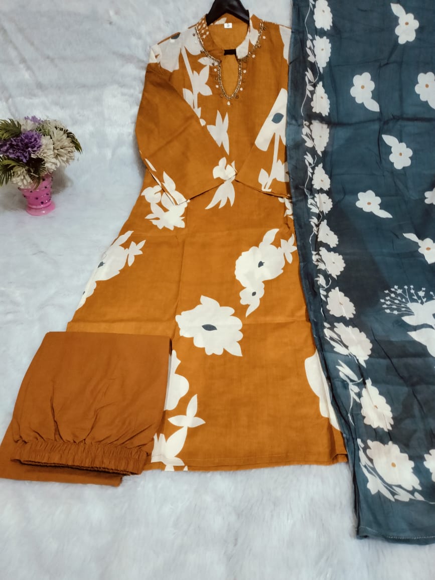 Pure Cotton Kurti & Pant With Mulmul Dupatt