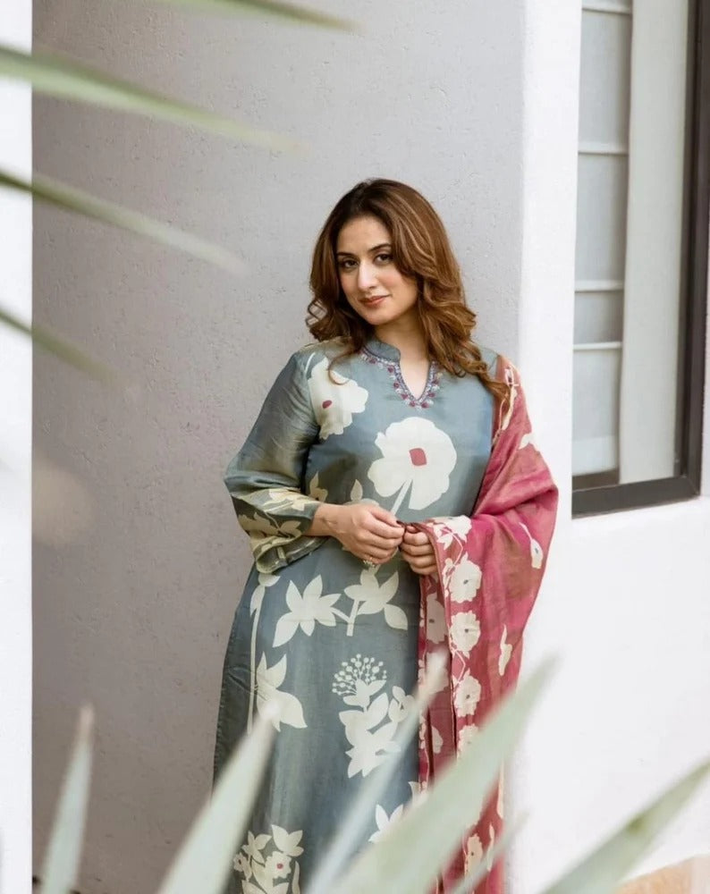 Pure Cotton Kurti & Pant With Mulmul Dupatt