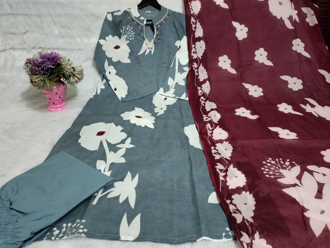 Pure Cotton Kurti & Pant With Mulmul Dupatt