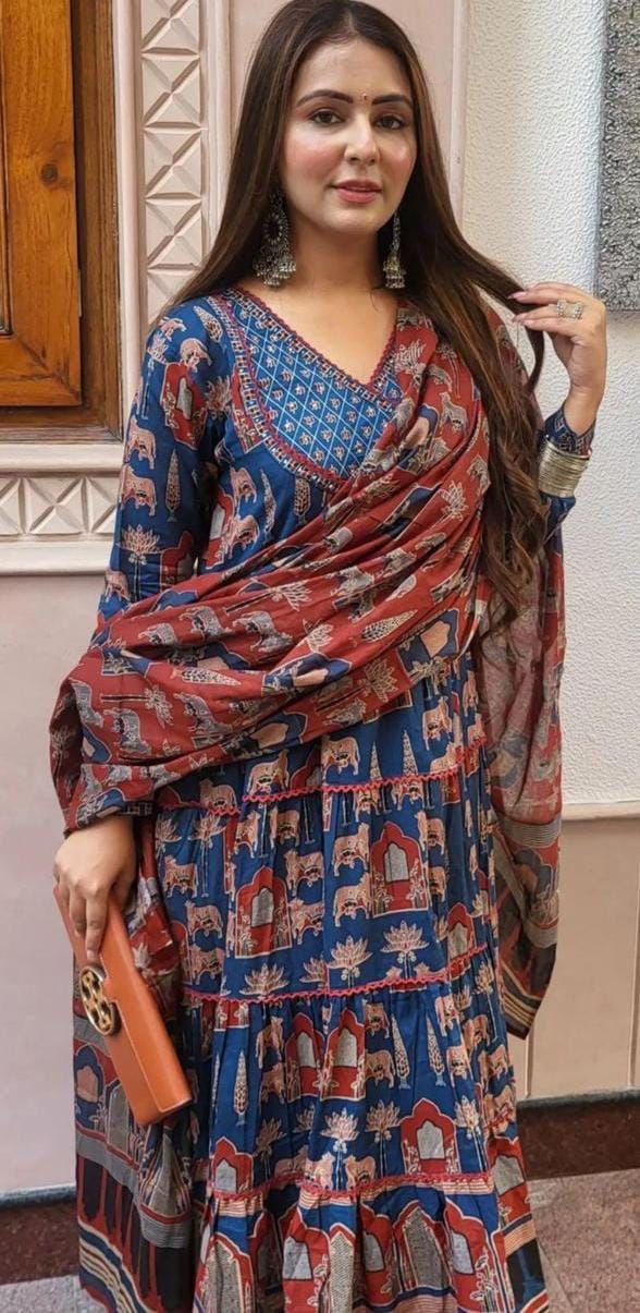 Blue Abstract Print Cotton Anarkali Kurta Set