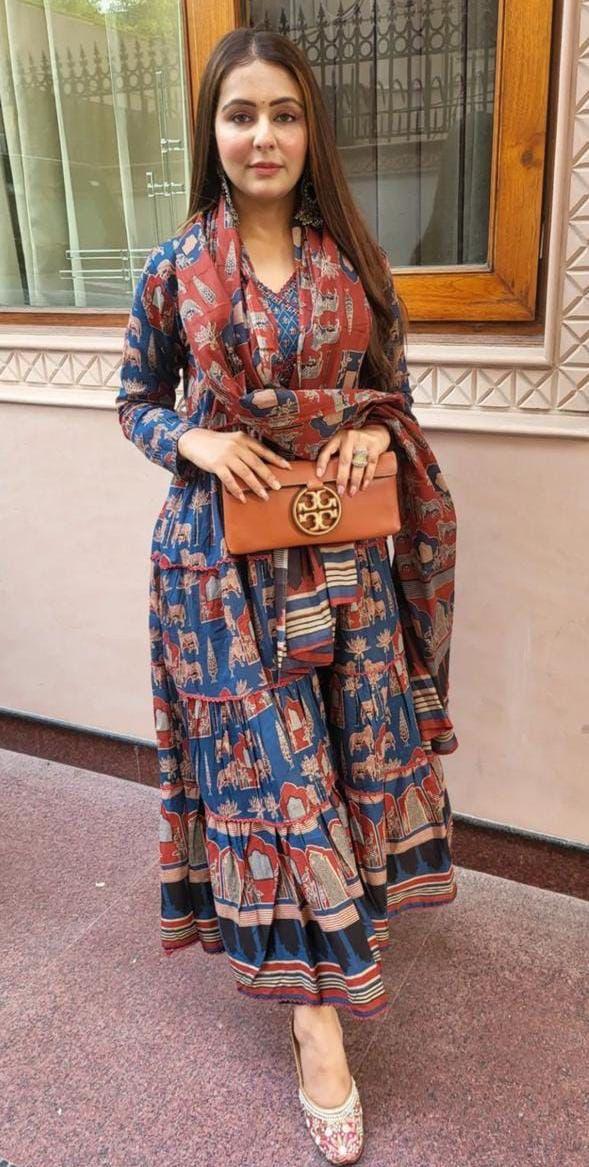 Blue Abstract Print Cotton Anarkali Kurta Set