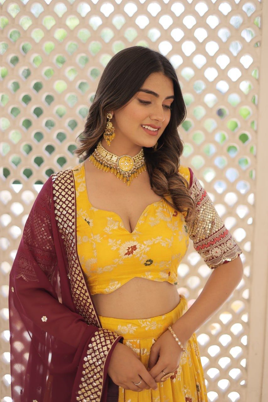 Yellow Colored Dyeable Pure Viscose Jacquard fabric Lehenga & Choli with Dupatta Set