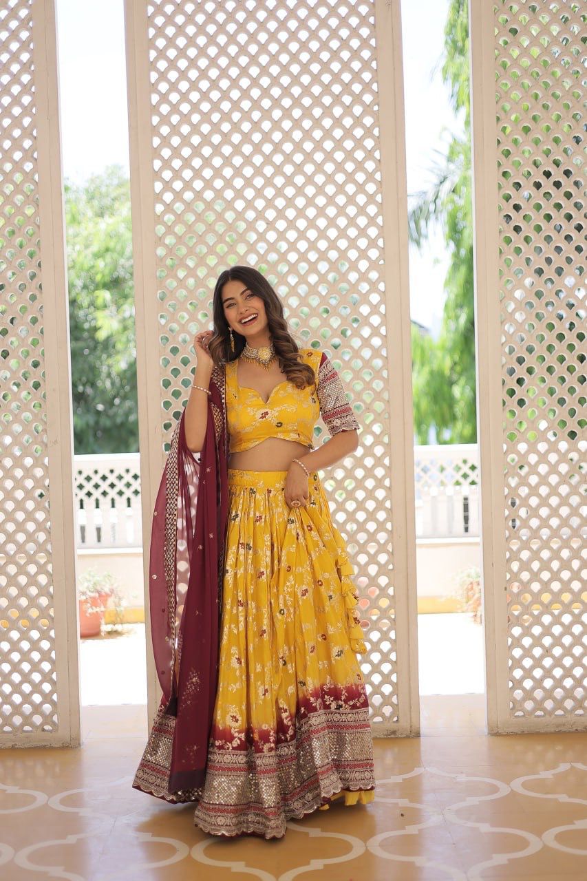 Yellow Colored Dyeable Pure Viscose Jacquard fabric Lehenga & Choli with Dupatta Set