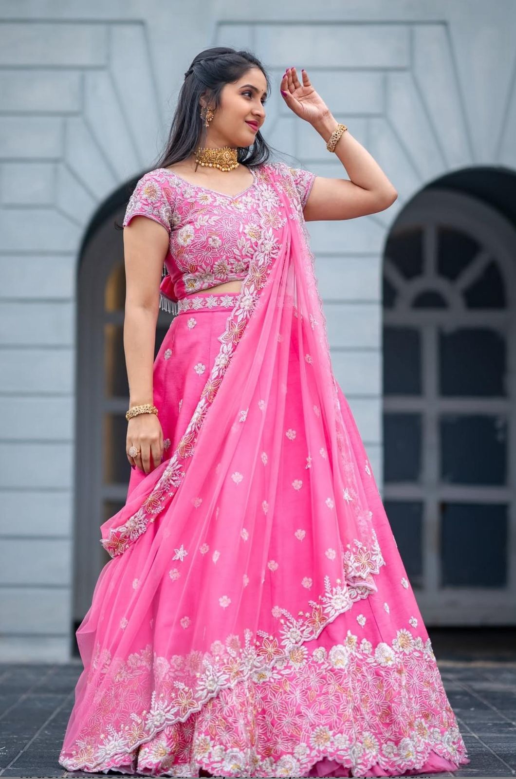 Pink Chinon Heavy Embroidery work Lehenga with Choli & Dupatta