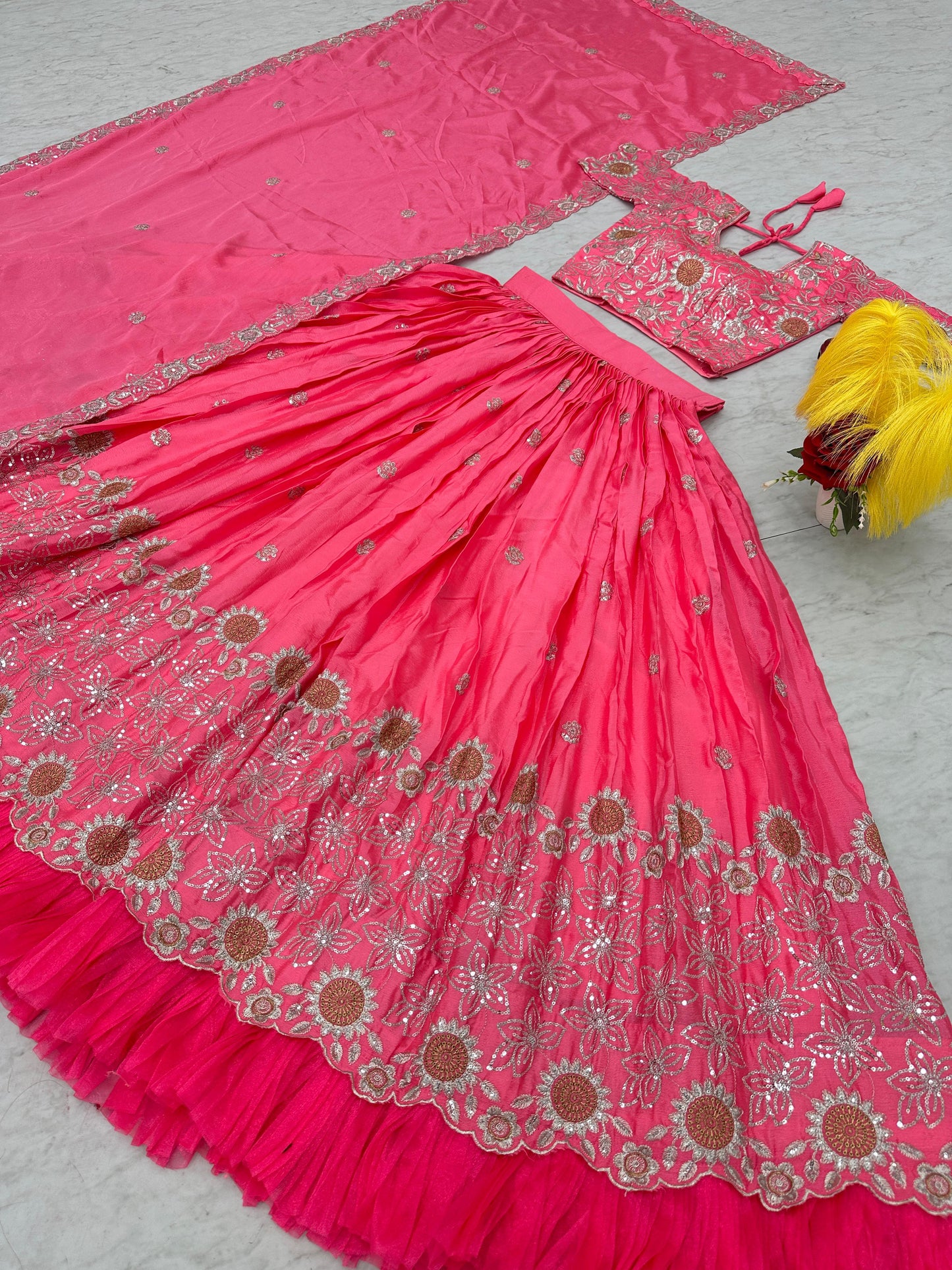 Pink Chinon Heavy Embroidery work Lehenga with Choli & Dupatta