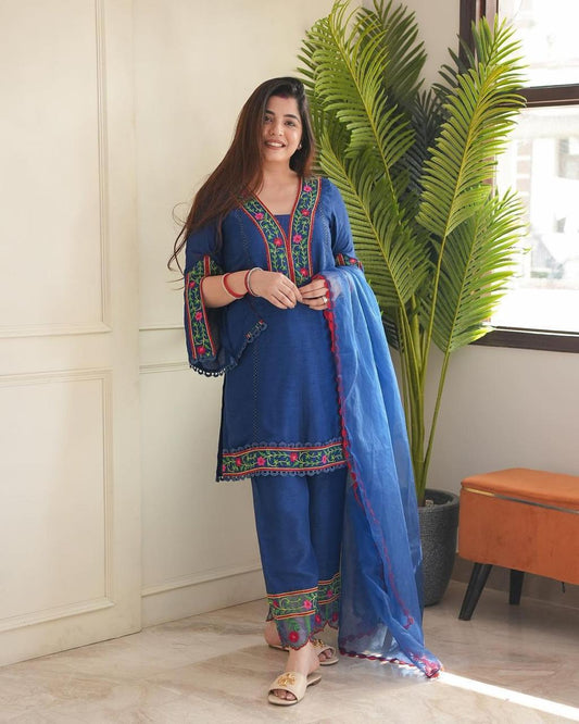 Blue Rayon Kurti Set with Beautiful Handwork Embroidery
